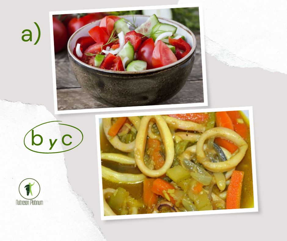 Ensalada de tomate y pepino con guiso de calamares y verduras.